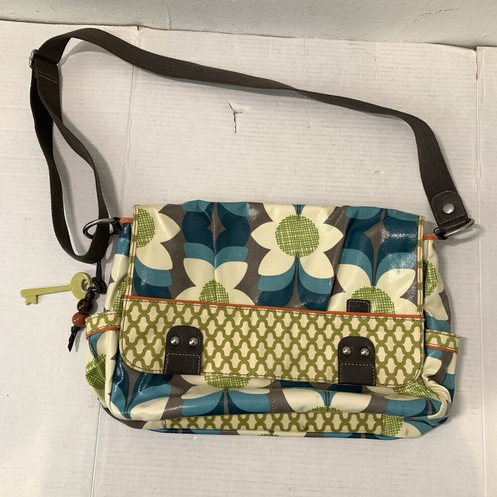 Vtg Fossil Key Per Messenger Bag Backpack Floral Circle Coated Canvas Y2K 90s